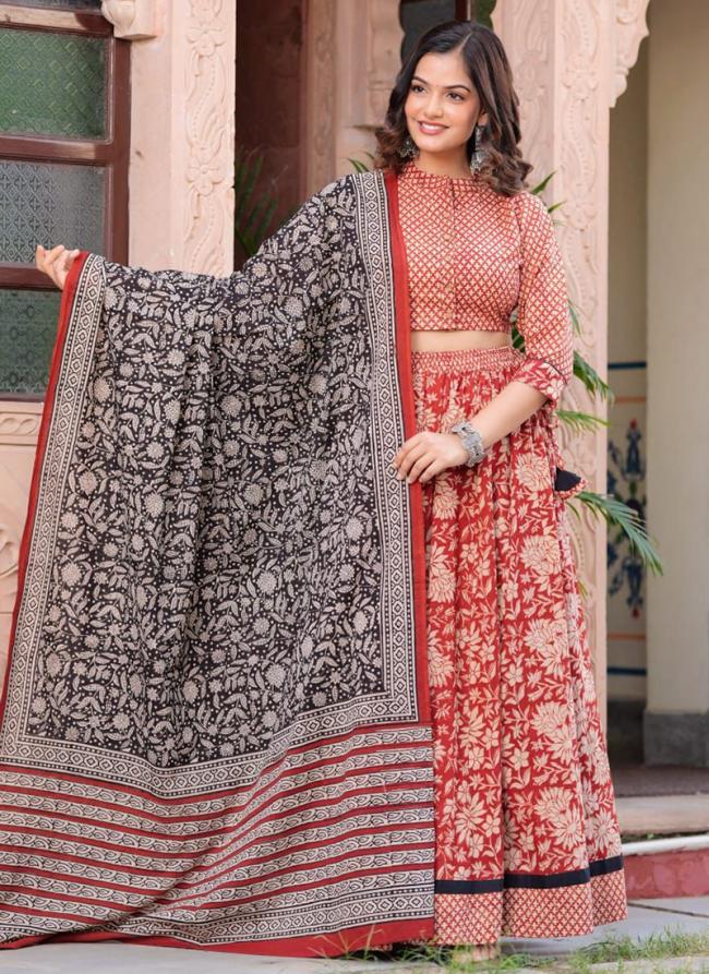 Cotton Red Festival Wear Printed Ready To Wear Lehenga Choli